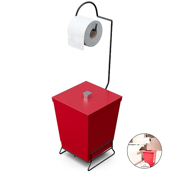 Porta Papel Higiênico Com Lixeira Banheiro Lavabo Suporte Preto Fosco - 1445 Stolf - Vermelho