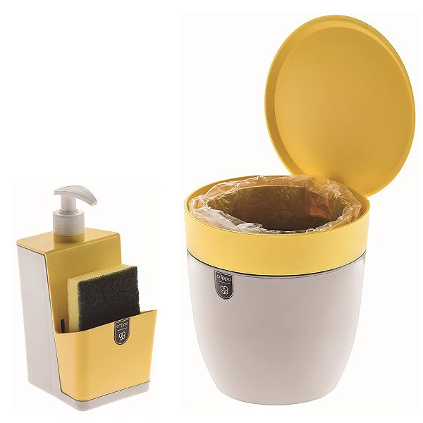 Kit Cozinha Dispenser Porta Detergente + Lixeira 2,5 Litros Pia - Branco Crippa - Amarelo