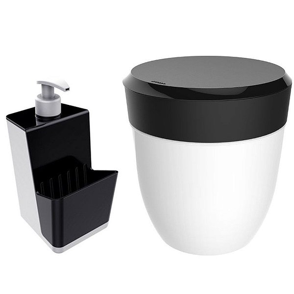 Kit Cozinha Dispenser Porta Detergente + Lixeira 2,5 Litros Pia - Branco Crippa - Preto