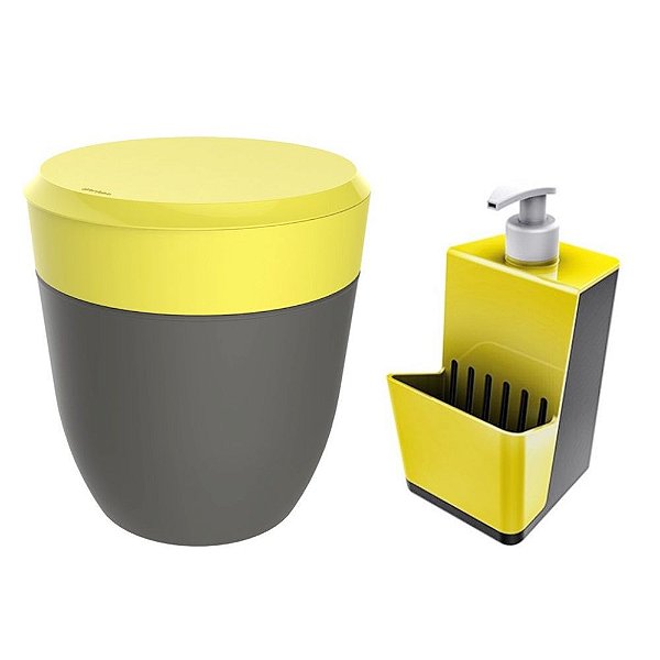 Kit Cozinha Dispenser Porta Detergente + Lixeira 2,5 Litros Pia - Crippa - Amarelo