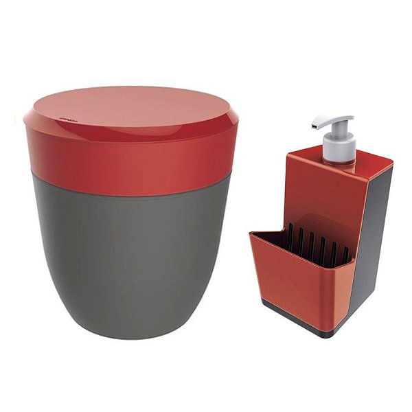 Kit Cozinha Dispenser Porta Detergente + Lixeira 2,5 Litros Pia - Crippa - Vermelho
