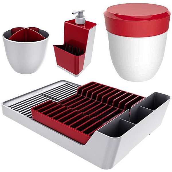Kit Cozinha Escorredor Louças + Porta Talheres + Dispenser Detergente + Lixeira Pia - Branco Crippa - Vermelho