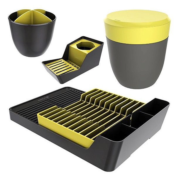 Kit Cozinha Escorredor Louças + Porta Talheres + Organizador Pia + Lixeira - Crippa - Amarelo