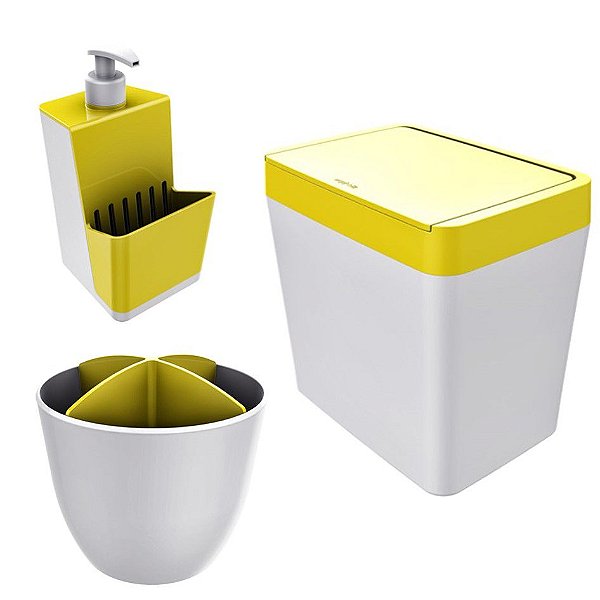 Kit Cozinha Pia Porta Dispenser Detergente + Lixeira 5L + Escorredor Talheres - Branco Crippa - Amarelo