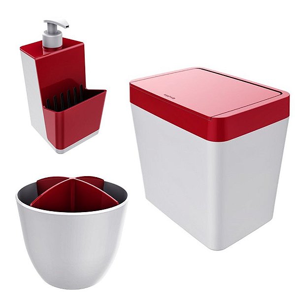 Kit Cozinha Pia Porta Dispenser Detergente + Lixeira 5L + Escorredor Talheres - Branco Crippa - Vermelho