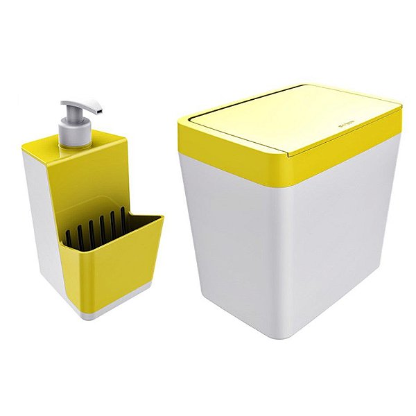 Kit Dispenser Porta Detergente + Lixeira 5 Litros Para Pia Cozinha - Branco Crippa - Amarelo
