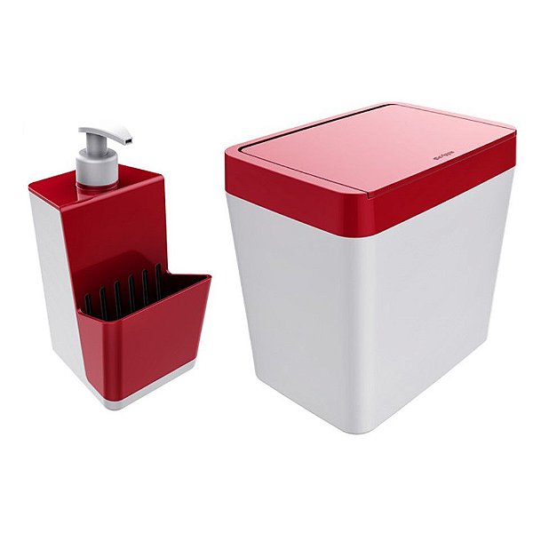 Kit Dispenser Porta Detergente + Lixeira 5 Litros Para Pia Cozinha - Branco Crippa - Vermelho