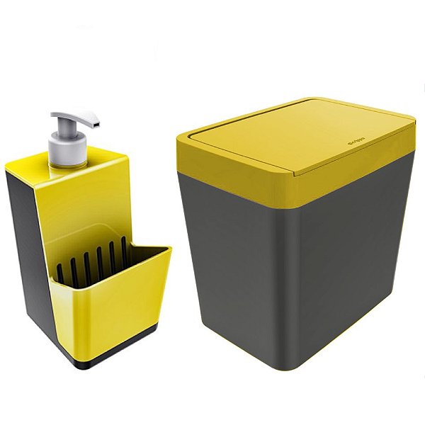 Kit Dispenser Porta Detergente + Lixeira 5 Litros Para Pia Cozinha - Chumbo Crippa - Amarelo