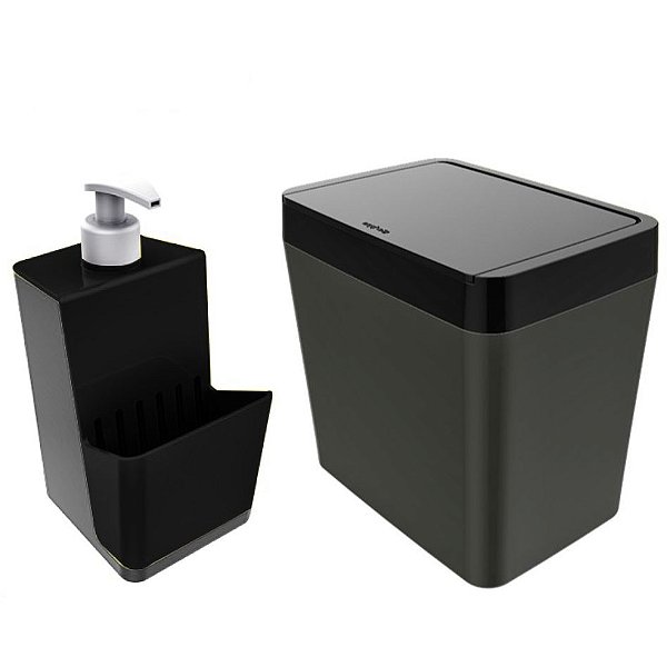 Kit Dispenser Porta Detergente + Lixeira 5 Litros Para Pia Cozinha - Chumbo Crippa - Preto