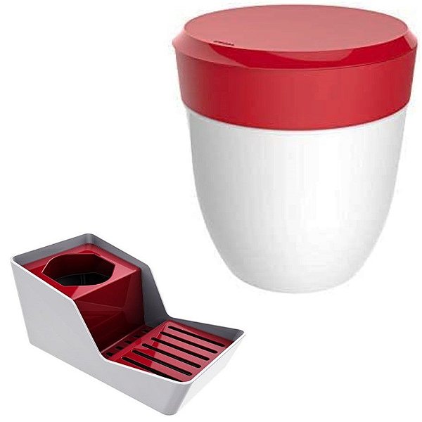 Kit Organizador De Pia Porta Detergente + Lixeira 2,5 Litros Cozinha - Branco Crippa - Vermelho