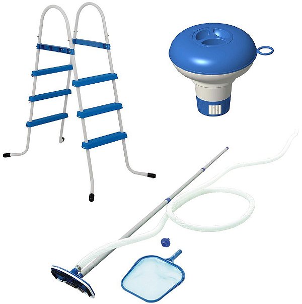 Kit Para Piscina Escada Alumínio flutuador Químico Aspirador Peneira Limpeza Manutenção - Mor