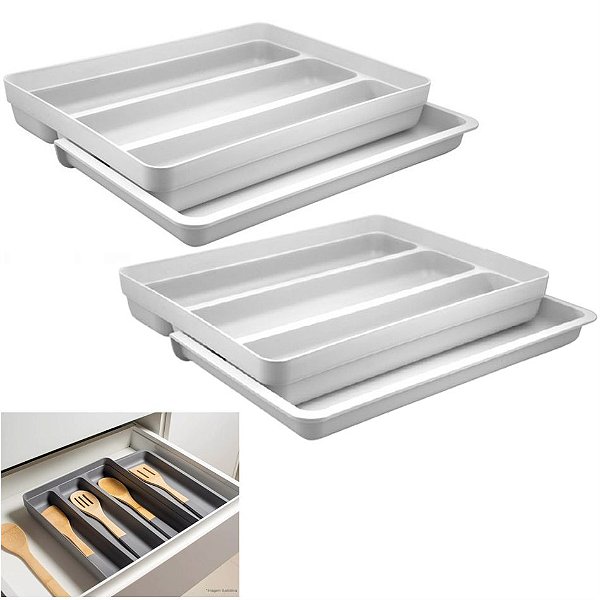 Kit 2 Organizador Gaveta Extensível Divisor Porta Utensílios Talheres Cozinha - Ou - Branco