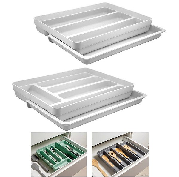 Kit 2 Organizador Gavetas Talheres Extensível Porta Talher Utensílios Cozinha Logic - Ou - Branco