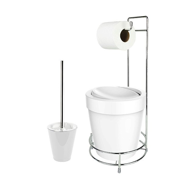 Kit Suporte Porta Papel Higiênico Escova Sanitária Lixeira Com Tampa Basculante 5L Vitra  - Ou - Branco