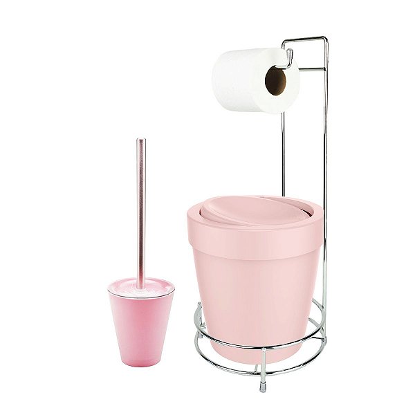 Kit Suporte Porta Papel Higiênico Escova Sanitária Lixeira Com Tampa Basculante 5L Vitra  - Ou - Rosa