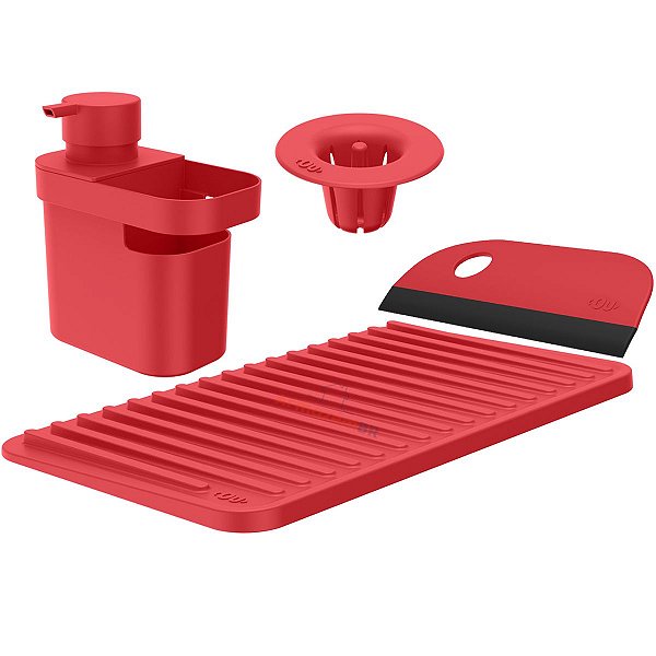 Kit Dispenser Detergente Escorredor Filtro Ralo Rodo Pia Cozinha Vermelho - Kte 055 Ou