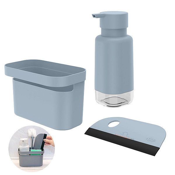 Kit Dispenser Porta Detergente Organizador Rodo Pia Cozinha Azul Glacial - Kte 056 Ou
