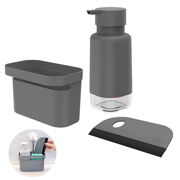 Kit Dispenser Porta Detergente Organizador Rodo Pia Cozinha Chumbo - Kte 056 Ou