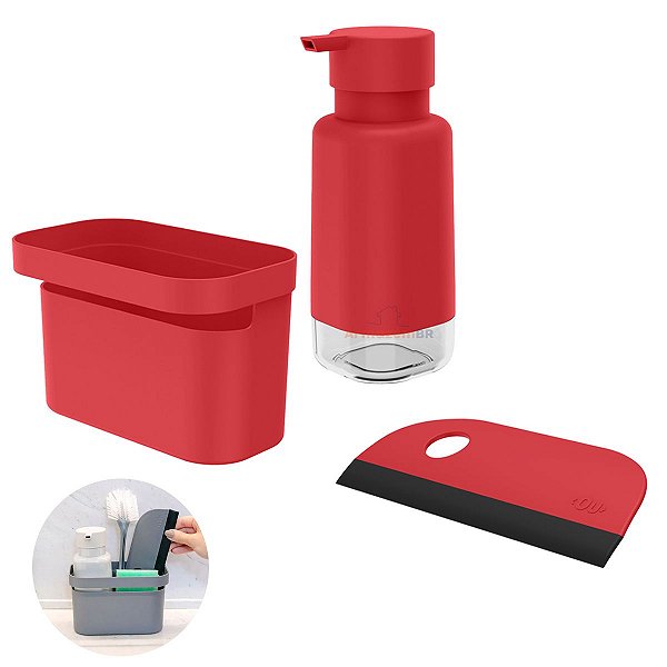 Kit Dispenser Porta Detergente Organizador Rodo Pia Cozinha Vermelho - Kte 056 Ou