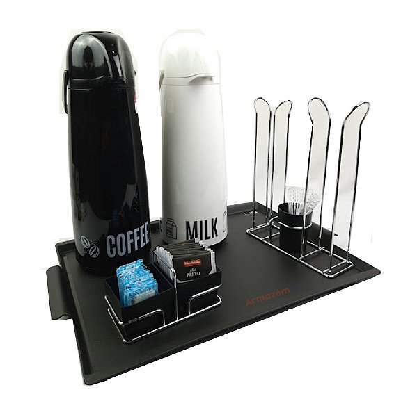 Kit 2 Garrafa Térmica 1,8l + Organizador Porta Sachês Café Chá Açúcar + Suporte Copos + Bandeja - AMZ - Preto