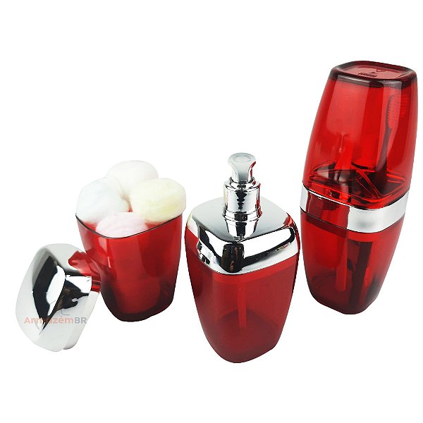 Conjunto Dispenser Sabonete + Suporte Escova Dente + Porta Algodão Banheiro Cromado Vermelho - AMZ