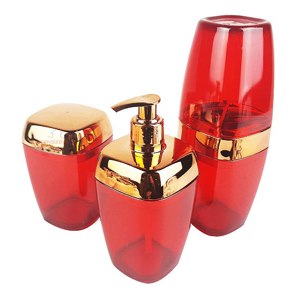 Conjunto Dispenser Sabonete + Suporte Escova Dente + Porta Algodão Banheiro Rose Gold Vermelho - AMZ