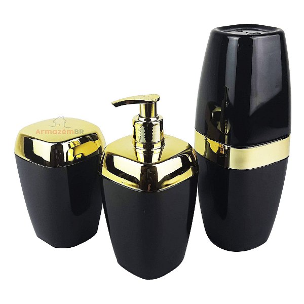 Conjunto Dispenser Sabonete + Suporte Escova Dente + Porta Algodão Banheiro Dourado Preto- AMZ