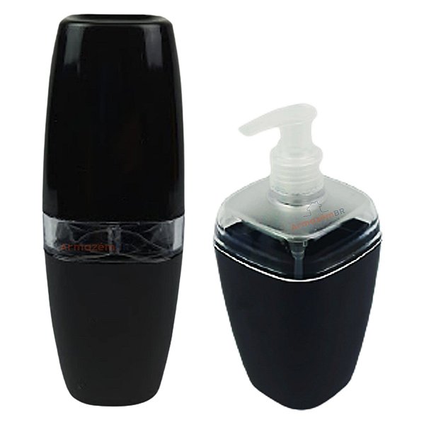 Kit Dispenser Sabonete Líquido 400ml + Suporte Porta Escova Dente Creme Dental Lavabo Banheiro Preto - AMZ