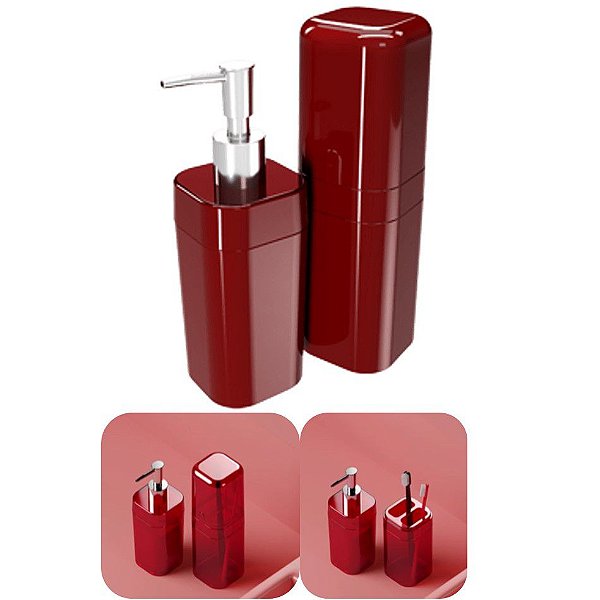 Conjunto Portas Escovas Tampa + Dispenser Sabonete Líquido Banheiro Splash - 99182 Coza - Vermelho