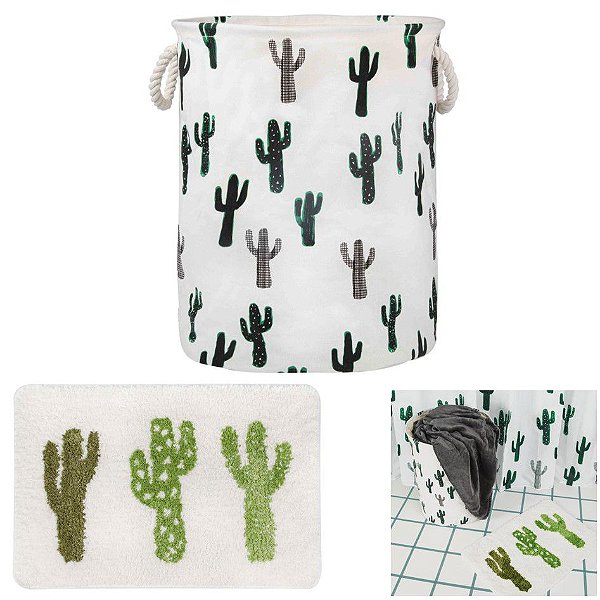 kit Banheiro Tapete Infantil + Cesto Organizador De Roupa Brinquedo Tecido Dobrável - Mor - Cactus