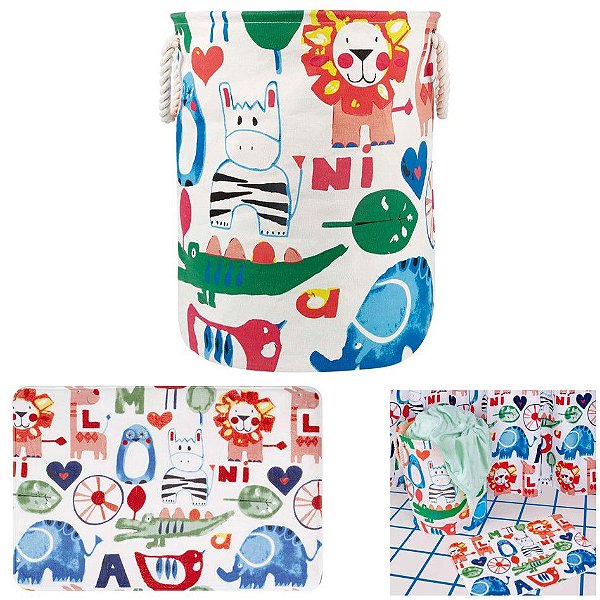kit Banheiro Tapete Infantil + Cesto Organizador De Roupa Brinquedo Tecido Dobrável - Mor - Animais