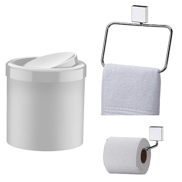 Kit Banheiro Inox Porta Toalha Argola + Papeleira + Lixeira Basculante 5l - Future - Branco