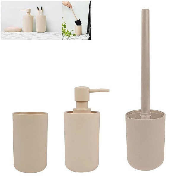 Kit Banheiro Dispenser Sabonete + Porta Escovas Pasta + Suporte Escova Sanitária - Mor - Bege