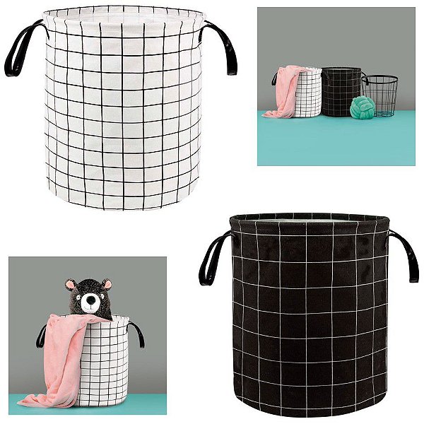 Kit 2 Cestos Organizador Roupas Brinquedos 40l Saco Tecido Dobrável Grid - Mor - Preto-Branco