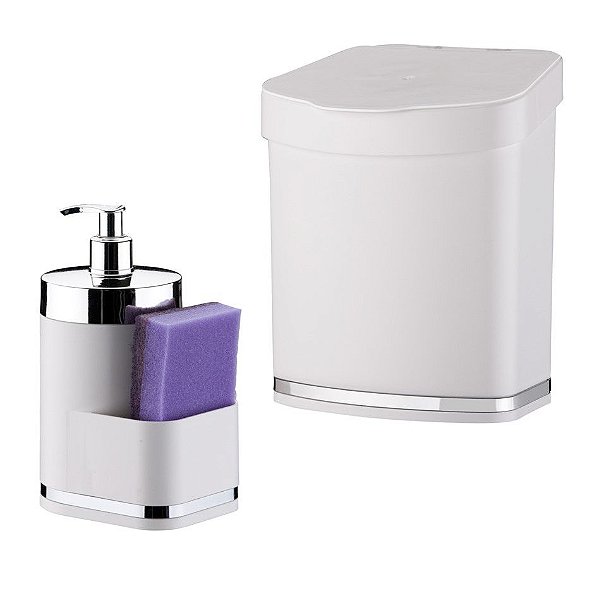 Kit Dispensador Para Detergente + Lixeira Eleganza - 1254 Future - Branco