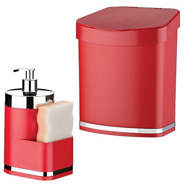 Kit Dispensador Para Detergente + Lixeira Eleganza - 1254 Future - Vermelho