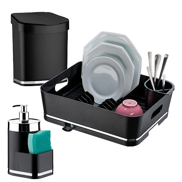 Kit Escorredor Louças + Lixeira + Dispensador Detergente - 1251 Future - Preto