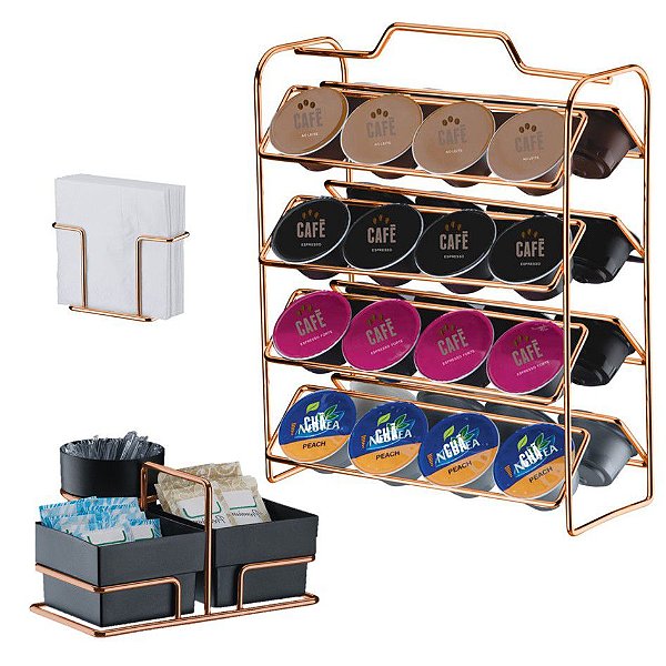 Kit Suporte 32 Cápsulas Dolce Gusto + Porta Guardanapos + Suporte Sachês  - 1145RG Rosé Gold Future - Preto