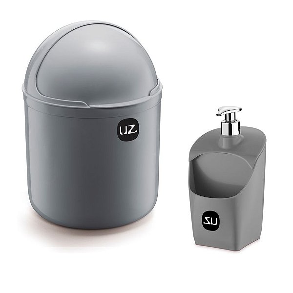 Kit Cozinha Lixeira 4 L Tampa Capacete + Dispenser Porta Detergente Esponja - Uz - Cinza