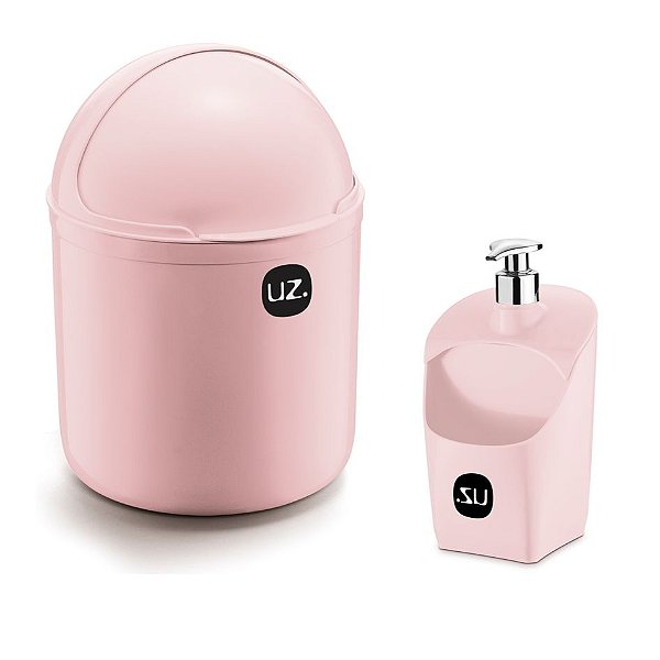 Kit Cozinha Lixeira 4 L Tampa Capacete + Dispenser Porta Detergente Esponja - Uz - Rosa