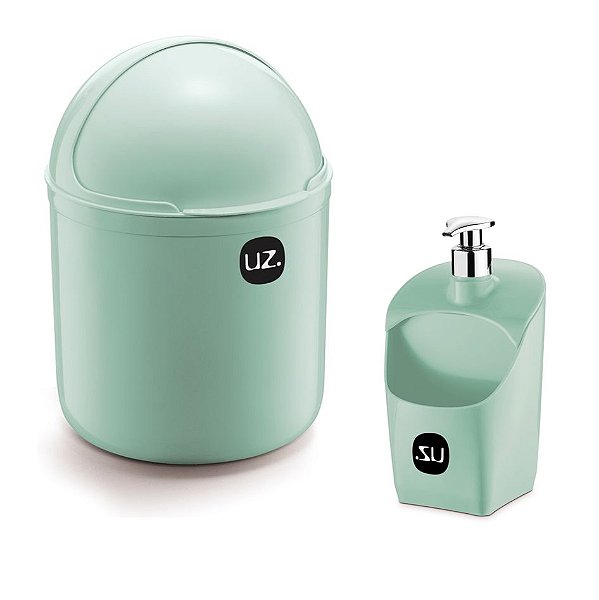 Kit Cozinha Lixeira 4 L Tampa Capacete + Dispenser Porta Detergente Esponja - Uz - Verde Menta