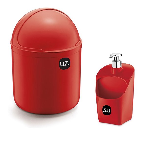 Kit Cozinha Lixeira 4 L Tampa Capacete + Dispenser Porta Detergente Esponja - Uz - Vermelho