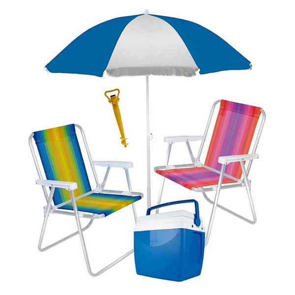 Kit 2 Cadeira + Guarda Sol + Caixa Térmica 26 L + Saca Areia - Mor - Azul