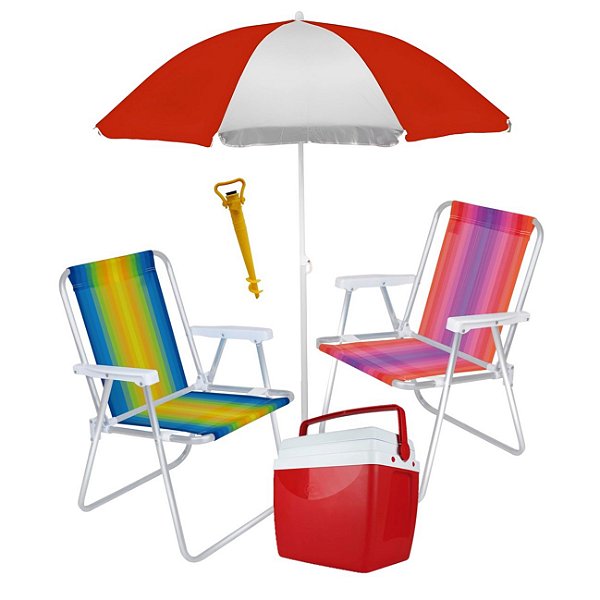Kit 2 Cadeira + Guarda Sol + Caixa Térmica 26 L + Saca Areia - Mor - Vermelho