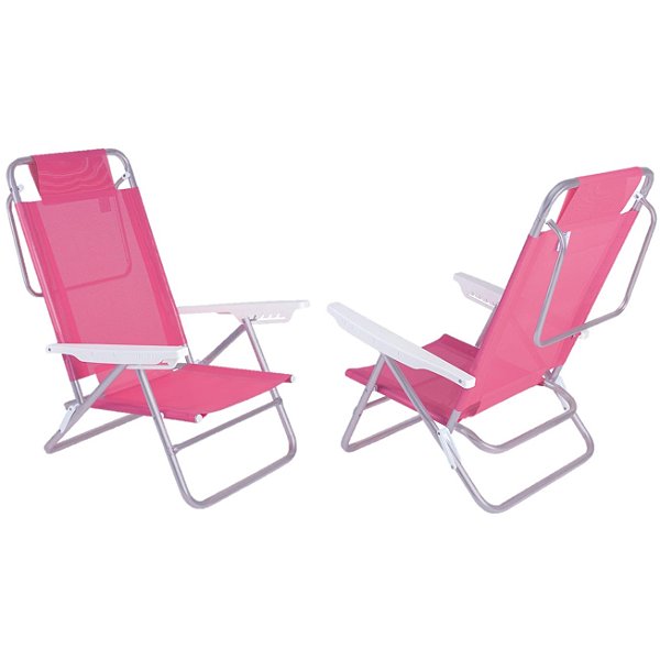 Kit 2 Cadeiras Summer Reclinável 6 pos Alumínio Praia Piscina Camping - Mor - Rosa