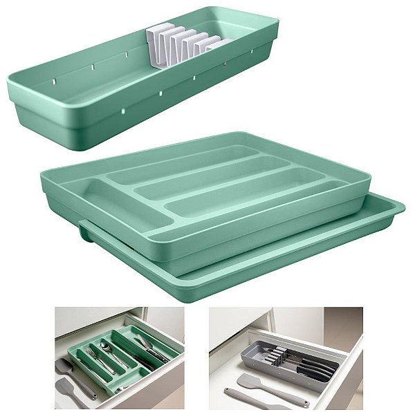 Kit Organizador Gavetas Talheres C/ Extensor Porta Talher Facas Cozinha Logic - Ou - Verde Menta