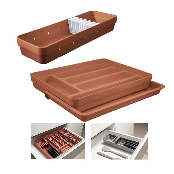 Kit Organizador Gavetas Talheres C/ Extensor Porta Talher Facas Cozinha Logic - Ou - Terracota