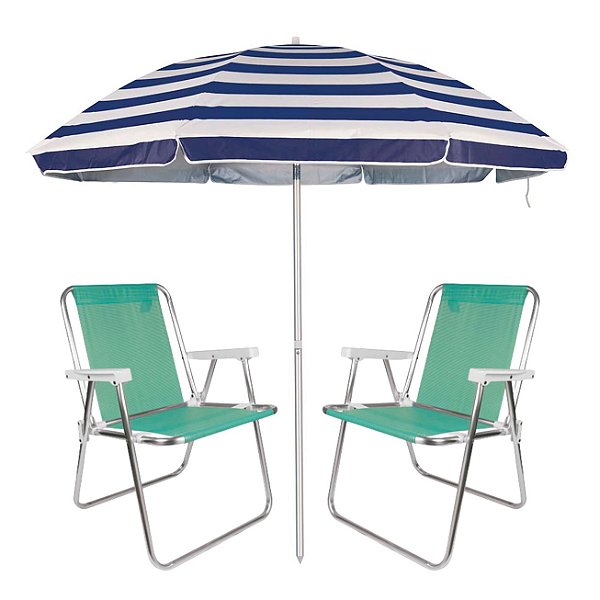 Kit Praia 2 Cadeira Alta Sannet Alumínio + Guarda Sol 2m Sombreiro Alumínio - Mor - Azul Listrado