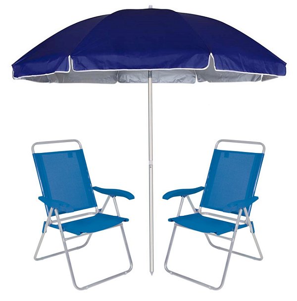 Kit Praia 2 Cadeira Boreal Reclinável 4 Pos Alumínio + Guarda Sol 2,6m Alum Azul  - Mor - Azul