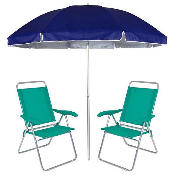 Kit Praia 2 Cadeira Boreal Reclinável 4 Pos Alumínio + Guarda Sol 2,6m Alum Azul  - Mor - verde